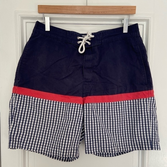 Brooks Brother Navy Blue White Red Gingham Nautical Classic Swim Trunks Shorts - Picture 1 of 13